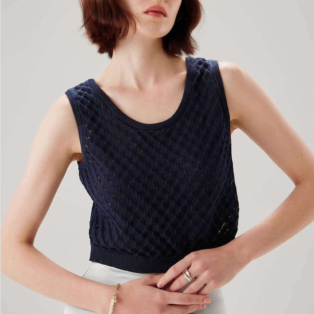 Rihoas Blue Textured Crochet Tank Top